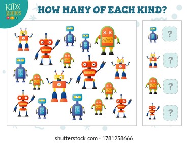 How many of each kind cartoon robot counting game for kids vector illustration. Educational quiz for preschool children with math test