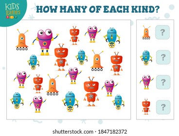 Cuántos de cada tipo de robot de dibujos animados cuentan la ilustración vectorial del juego. Actividad educativa para niños en edad preescolar con objetos de recuento