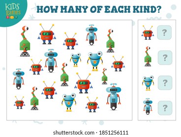 How many of each kind cartoon robot counting game for kids vector illustration. Educational quiz for preschool children with math test