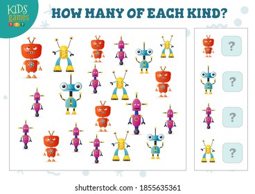 How many of each kind cartoon robot kids counting game vector illustration. Educational activity for preschool children with counting objects