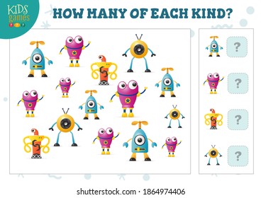 How many of each kind cartoon robot counting game for kids vector illustration. Educational activity for preschool children with counting objects