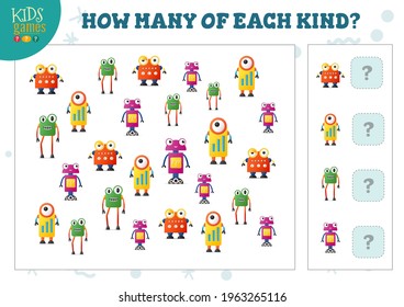 How many of each kind cartoon robot kids counting game vector illustration. Educational activity for preschool children with counting objects