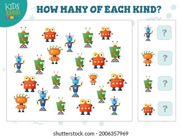 How many of each kind cartoon robot counting game for kids vector illustration. Educational quiz for preschool children with math test
