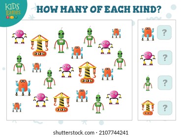 How many of each kind cartoon robot counting game for kids vector illustration. Educational quiz for preschool children with math test