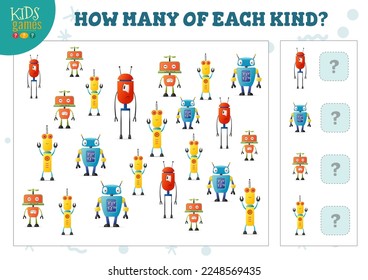 Cuántos de cada tipo de robot de dibujos animados cuentan el juego para niños ilustraciones vectoriales. Prueba educativa para niños de preescolar con prueba matemática