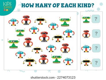 How many of each kind cartoon robot kids counting game vector illustration. Educational activity for preschool children with counting objects