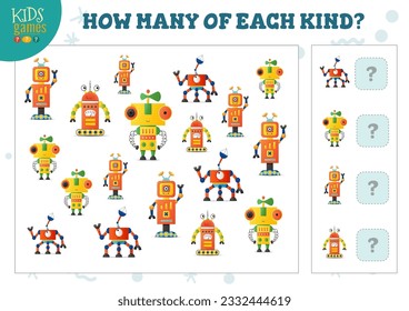Cuántos de cada tipo de robot de dibujos animados cuentan el juego para niños ilustraciones vectoriales. Prueba educativa para niños de preescolar con prueba matemática