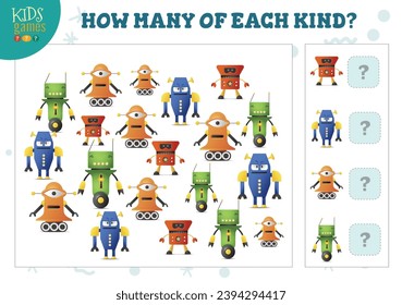 How many of each kind cartoon robot kids counting game vector illustration. Educational activity for preschool children with counting objects