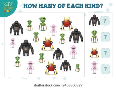 How many of each kind cartoon robot kids counting game vector illustration. Educational activity for preschool children with counting objects
