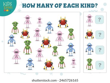 How many of each kind cartoon robot counting game for kids vector illustration. Educational quiz for preschool children with math test