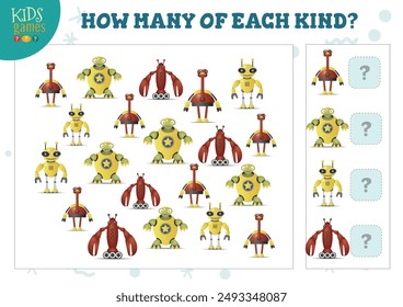 How many of each kind cartoon robot kids counting game vector illustration. Educational activity for preschool children with counting objects