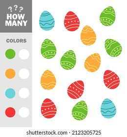 How many easter eggs elements with colors. Educational game for children. Vector illustration for kids