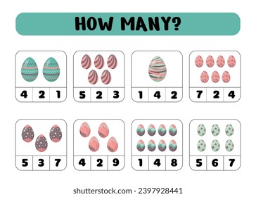 How many easter eggs.Educational mathematical game. Count the number of easter eggs. Counting game for children. Vector illustration