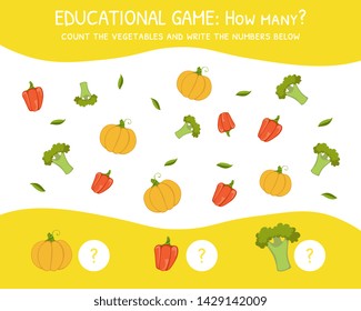 How Many, Education Game for Preschool Children, Development of Mathematical Abilities, Count the Vegetables and Write the Number Below Vector Illustration