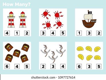 How many educational counting game for preschool kids. Pirate theme. Count and choose the answer. Vector illustration.