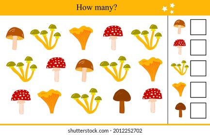 How many mushrooms? Educational game for children. Autumn vector illustration