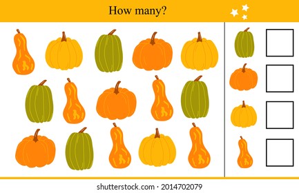 How many pumpkins? Educational game for children. Autumn vector illustration