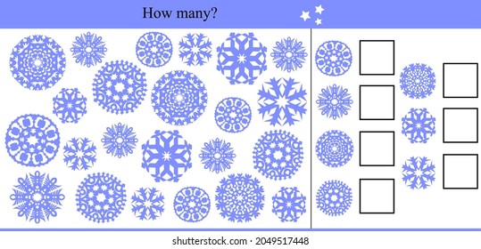 How many snowflakes? Educational game for children. Winter vector illustration