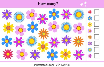 How many flowers? Educational game for children. Vector illustration