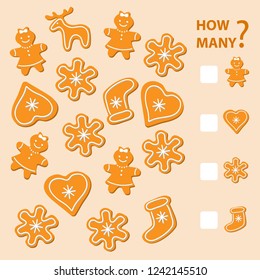 How many is educational game. Maths task for the development of logical thinking of children. Count as many gingerbread in the picture and write down the result. Vector illustra