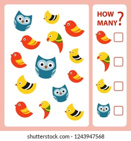 How many is educational game. Maths task for the development of logical thinking of children. Count as many birds in the picture and write down the result. Vector illustration