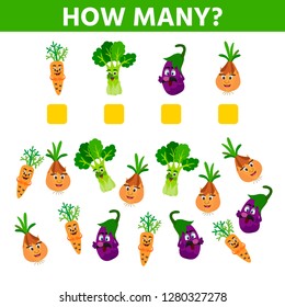 How many. Educational game. Maths task for the development of logical thinking of children. Count carrots, cabbages, onion, salad, eggplant and write down the result. 