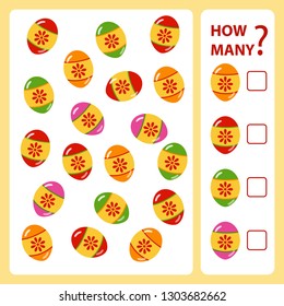 How many is educational game. Maths task for the development of logical thinking of children. Count how many eggs are in the picture and write down the result. Vector illustration