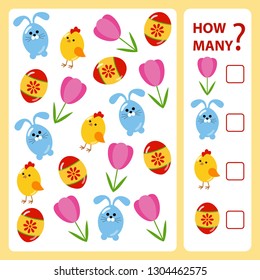 How many is educational game. Maths task on theme of Easter for development of logical thinking of children. Count how many objects are in the picture and write down the result. Vector illustration