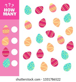 How many is educational game. Maths task for the development of logical thinking of children. Count how many eggs and write down the result.