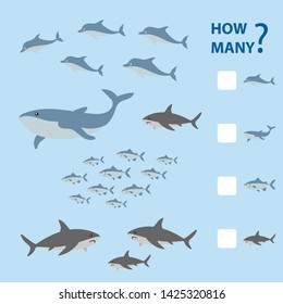 How many is educational game. Maths task on the sea animals and fish theme for the development of children. Count how many animals are in the picture and write down the result. Vector illustration