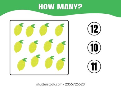 ¿Cuántos hay? Juego educativo de matemáticas para niños. Diseño de hoja de cálculo imprimible para niños de preescolar o elemental.