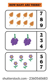 How many are there? Educational math game for kids. Printable worksheet design for preschool, kindergarten or elementary kids.