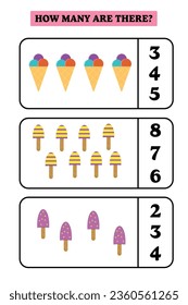 How many are there? Educational math game for kids. Printable worksheet design for preschool, kindergarten or elementary kids.
