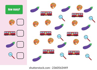 How many are there? Educational math game for kids. Printable worksheet design for preschool, kindergarten or elementary kids.