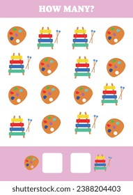 How many are there? Educational math game for kids. Printable worksheet design for preschool, kindergarten or elementary students. Learning mathematic. Counting exercise.