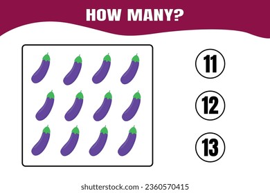How many eggplant are there? Educational math game for kids. Printable worksheet design for preschool, kindergarten or elementary kids.