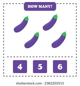 How many eggplant are there? Educational worksheet design for children. Counting game for kids.