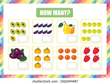 How many English worksheet. Counting for English lesson. Fruit and vegetables.