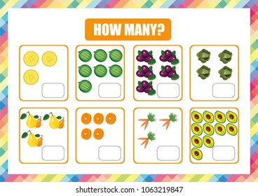 How many English worksheet. Counting for English lesson. Fruit and vegetables.