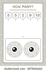 Cuántos ojos, juegos para niños. Ilustración del vector, hoja de cálculo imprimible