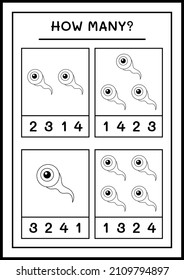 Cuántos ojos, juegos para niños. Ilustración del vector, hoja de cálculo imprimible