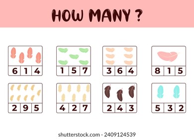 Cuántas plumas juego de matemáticas educativas. Cuenta el número de plumas. Un juego de conteo para los niños. Ilustración del vector