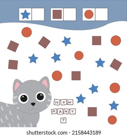 How many figures game with cat. Preschool worksheet, kids worksheet, printable worksheet