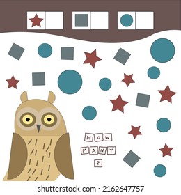 How many figures game with owl. Preschool worksheet, kids worksheet, printable worksheet