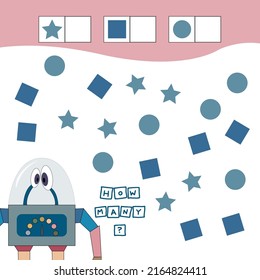 How many figures game with robot. Preschool worksheet, kids worksheet, printable worksheet