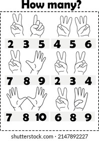 How Many Fingers.Preschool Counting Activities. Printable Worksheet. Educational Game For Children, Kids Preschool Age. Mathematics Task. Learning Mathematics, Numbers.Tasks For Addition.