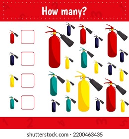 How many fire extinguishers are there. Count the number and write. Math worksheet for kids.