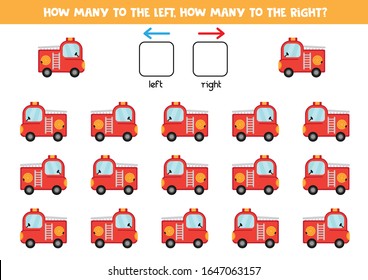 How many fire trucks go to the left and to the right. Counting game for kids.