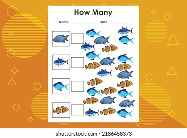 ¿Cuántas tareas de pescado? Hoja de trabajo del juego infantil educativo