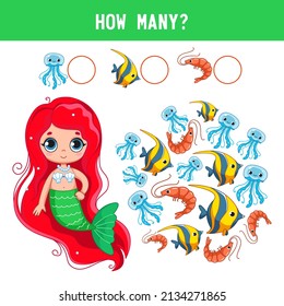 How many fish, shrimps, jellyfish lie next to a little cute little mermaid girl Counting educational kids game, kids math activity sheet. Cartoon colored vector illustration.